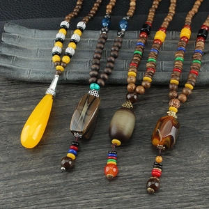 Ethic Vintage Men Pendant Necklace Wooden Beads Resin Stone Handmade Long Sweater Chain Jewelry Accessory