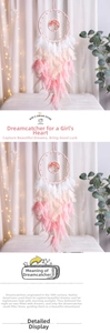 Detailed view of pink and white dreamcatcher with tree of life and soft feathers