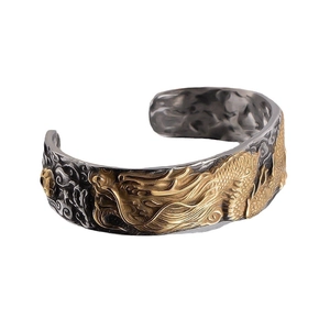 Vintage style stainless steel open dragon bracelet with golden scales and silver clouds
