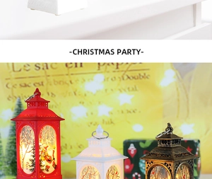 Close-up of Christmas lantern collection in red, white and bronze with warm LED lighting