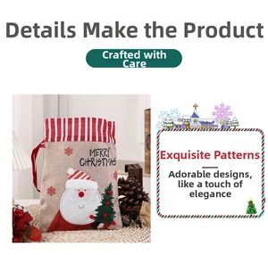 Detail of linen Christmas drawstring bag with Santa Claus applique and red ribbon