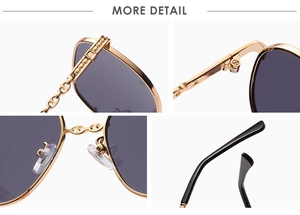 Detailed views of gold square metal frame sunglasses with chain temples and nose pads