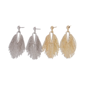 Hollow geometric tassel earrings in gold and silver finish with metallic drop fringe