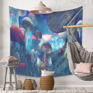 Detail view of Bohemian mushroom tapestry hanging on wall in a stylish room setting