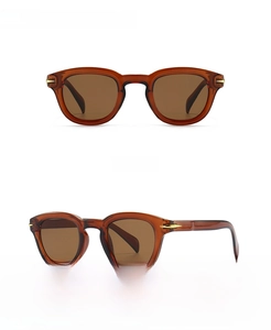 Front and 45-degree side views of tan retro round sunglasses with gold metal accents