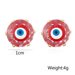 Detailed close-up of 1cm red evil eye stud earrings with gold plating and dimensions