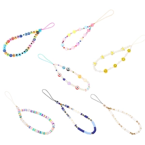 Evil Eye Beaded Phone Lanyard Polymer Clay Imitation Artificial Pearl Acrylic Heart Letter Charms Anti-Lost Strap For Women