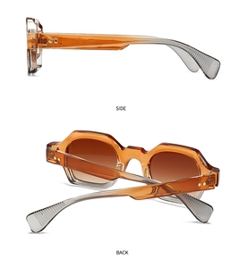 Side and back view of narrow geometric sunglasses with orange gradient lenses and clear frames