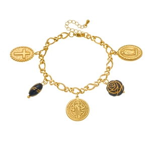 Golden stainless steel cross bracelet with religious charms and blue rose beads