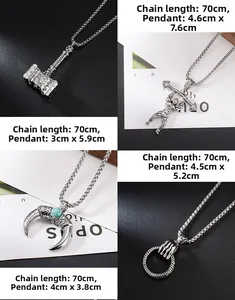Detailed grid showing vintage steel pendants including Mjölnir and skull motifs on 70cm chains