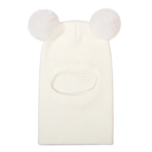 Detail of white knit balaclava with dual pom-poms and integrated neck warmer for babies