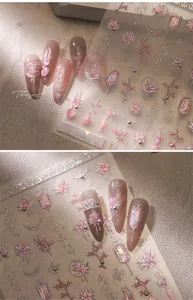 Detail of pink lotus nail stickers with laser iridescent finish on floral nail art