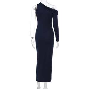 Detail of navy blue one-shoulder slim dress showing back view and asymmetrical split hem