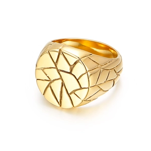 Men's gold stainless steel signet ring featuring irregular geometric cracked texture
