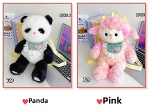Detailed plush backpack featuring panda and pink curly lamb designs with floral bibs