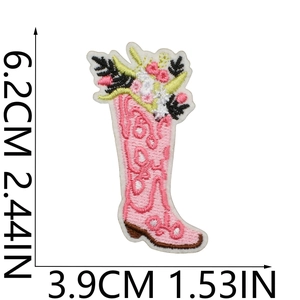 Detailed pink boot flower embroidery patch measuring 6.2cm by 3.9cm for clothes