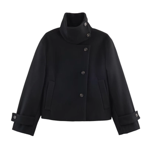Women's chic black short wool coat with stand collar and asymmetric button closure