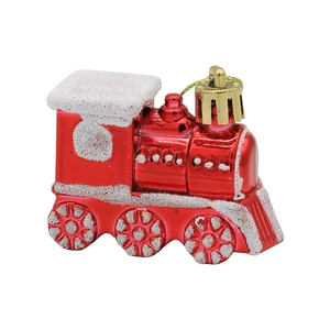 Hanging red Christmas train ornament with white glitter details and a gold top loop
