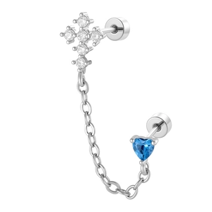 Silver heart and cross cartilage stud with chain connecting two piercing points