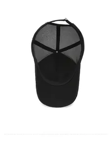Detailed interior view of a black mesh trucker hat with breathable fabric and adjustable strap