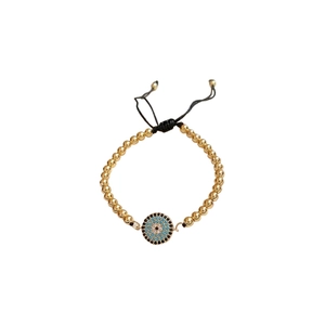Adjustable golden beaded evil eye bracelet with blue zircon inlay and woven cord
