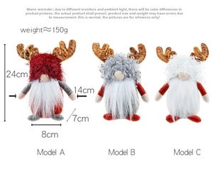 Detailed view of three Rudolph gnomes with antlers and long beards in red white and grey
