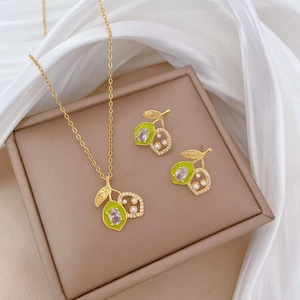 Lemon Jewelry Necklace And Earrings Titanium Steel Enamel Zircon Artificial Pearl Gold Plated With Silver Earring Post For Women