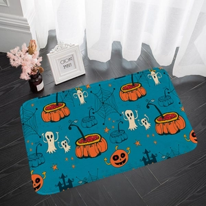 Close-up of flannel Halloween floor mat with pumpkin and ghost prints on wood floor