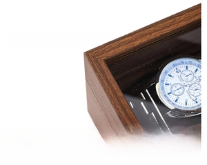 Detail view of vintage wood grain PU leather watch storage box with transparent window lid