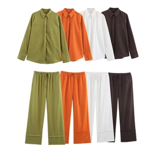 Women Long Sleeve Button Down Shirt And Wide Leg Drawstring Pants Casual Solid Color Linen Look Streetwear Breathable