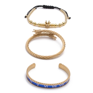 Three-piece gold titanium steel set featuring Roman numerals and crown charm bracelets