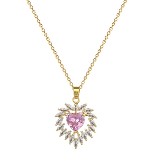 Luxurious gold chain necklace with pink heart-shaped crystal and white zircon floral pendant