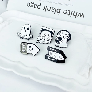 5-piece cartoon ghost enamel pin set featuring music and retro photography themes