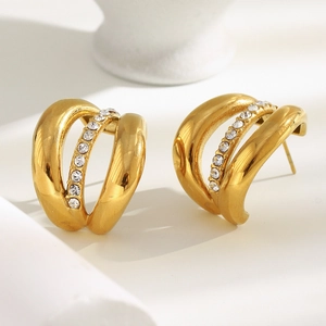 Three-layer 18K gold plated stainless steel C-hoop earrings with crystal accents