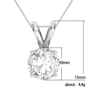 Detail showing 10mm round cubic zirconia pendant size and 4.4g weight on silver chain