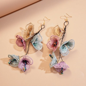 Ethnic style long tassel earrings with colorful fabric flowers and glass beads