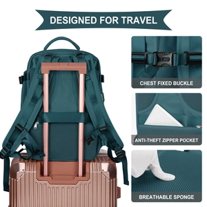Detail of travel backpack with luggage strap, anti-theft pocket and breathable back padding