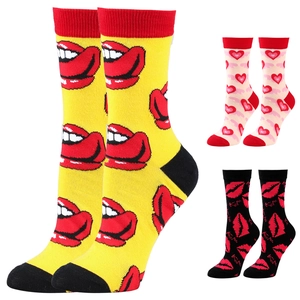Three pairs of cotton socks featuring red heart and lip patterns for Valentine's Day gifts