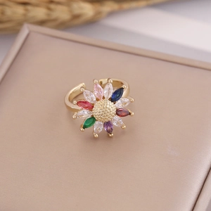 Colorful sunflower ring with 18K gold plating and adjustable open band for women