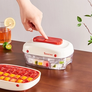 Press type ice cube mold with large storage bin for easy release and fruit ice making