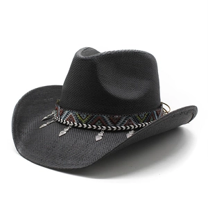 Chapeau De Cowboy En Paille Tissé Main Bord Large Protection Solaire Bande Ethnique Charmes Métalliques Vintage Papier Jazz