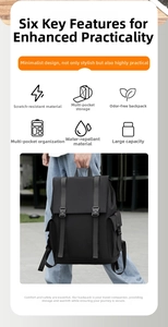 Detail of waterproof scratch-resistant black casual backpack with buckle flap and multiple pockets