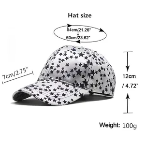 Star print baseball cap with sizing chart showing 54-60cm circumference and 7cm brim