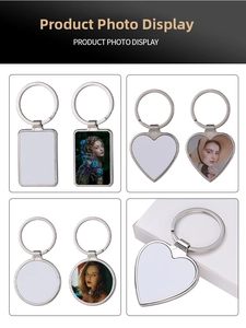 Detail of silver alloy sublimated keychains in heart, round and rectangle DIY shapes