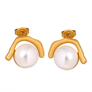 Elegant gold-plated titanium earrings with irregular white pearls on a white background