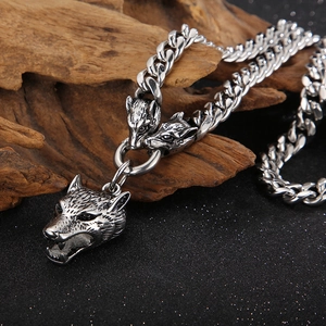 Men's silver titanium steel necklace featuring a wolf head pendant and chunky Cuban chain