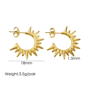 Detail view of gold C-shape hoop earrings showing 18mm diameter and 1.5mm thickness