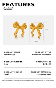 Detailed view of 18K gold plated bow earrings with size 2.2x2.4cm and 5.5g weight info