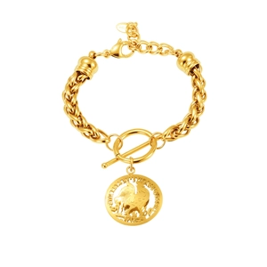 18K gold plated stainless steel curb chain bracelet with OT clasp and rooster coin pendant