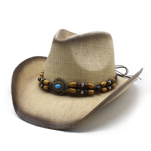 Straw Western cowboy hat in beige with gradient brim and turquoise beaded band